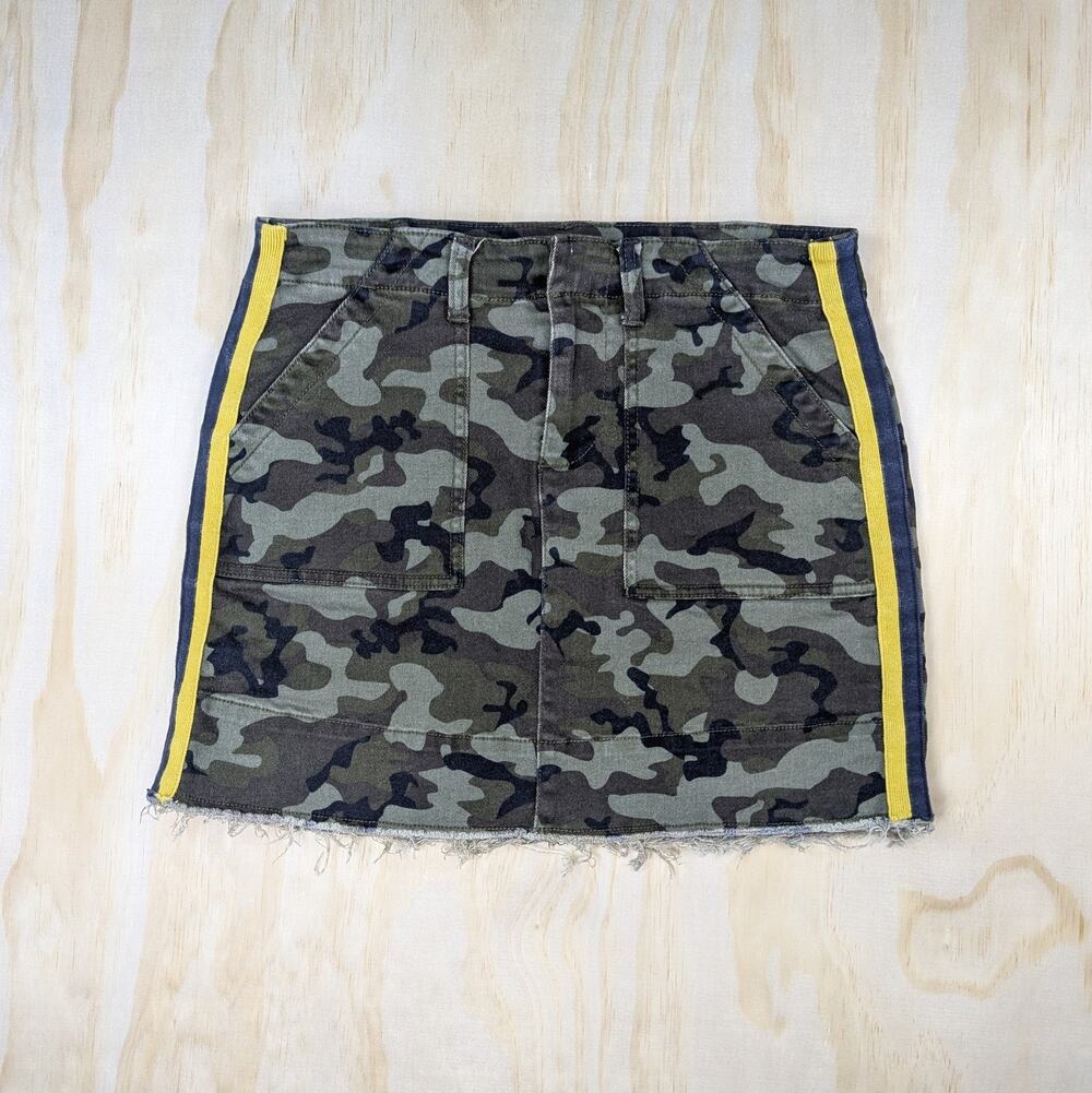 Dear John Women's 28 Camo Denim Mini Skirt Raw Hem Yellow Stripe Stretch